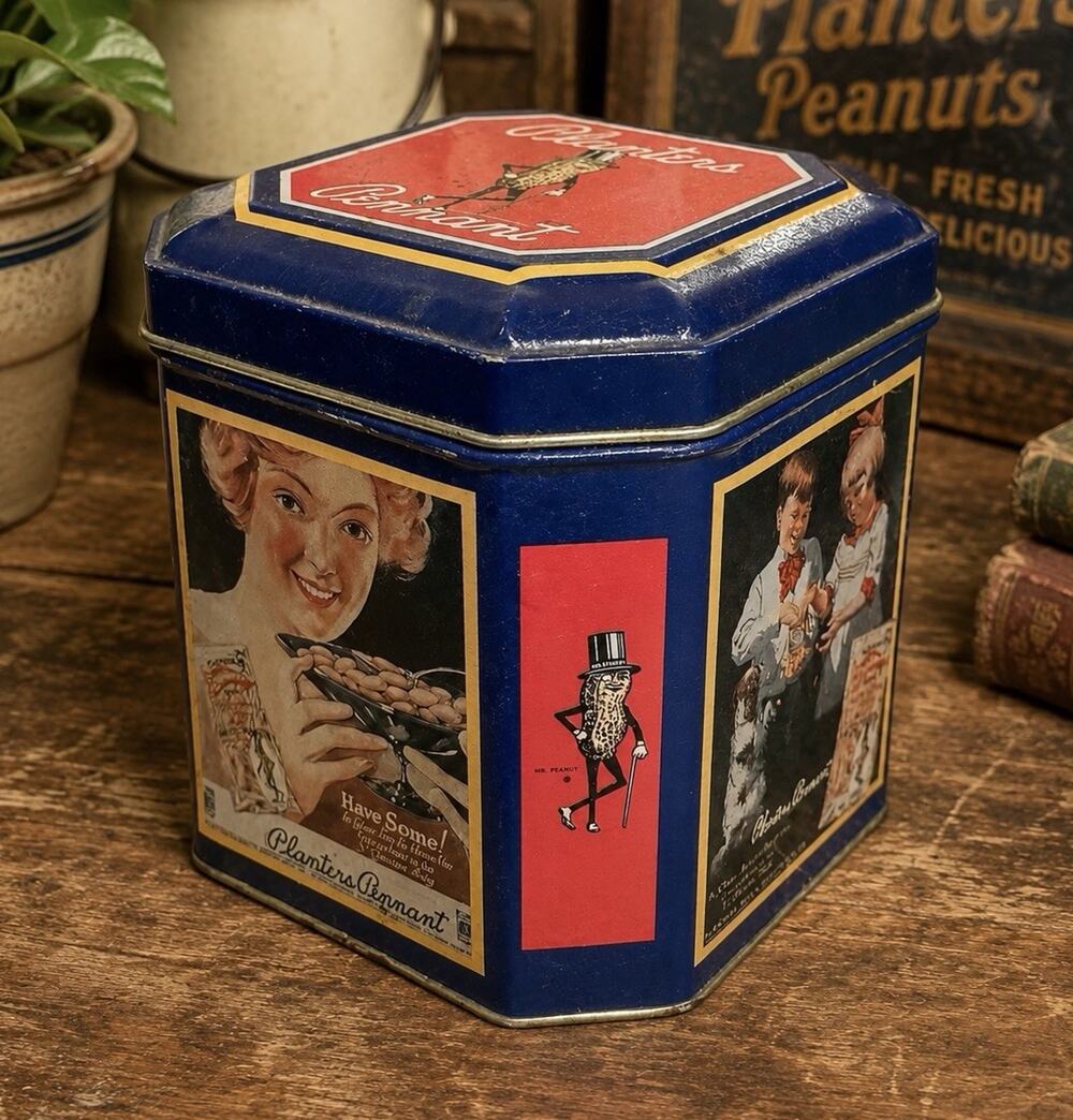 Vintage 1990s Planters Pennant Mr Peanut Bristol Ware Advertising Tin Canister